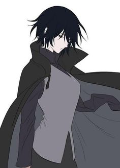 an anime character with black hair wearing a gray and black cloak over his shoulders, standing in front of a white background