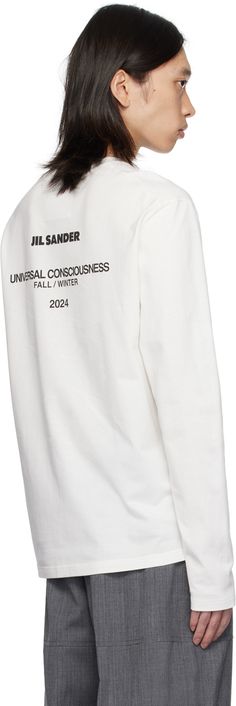 Relaxed-fit cotton jersey T-shirt. · Rib knit crewneck · Dropped shoulders · Logo and text printed at back Supplier color: Coconut White Crewneck, Sanders, Jil Sander, White Shop, Rib Knit, Long Sleeve Tshirt, Women Wear, Crew Neck, Relaxed Fit