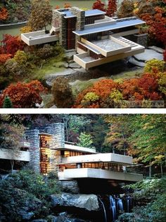 two pictures of houses in the woods with trees and rocks on each side, one has a waterfall coming out of it