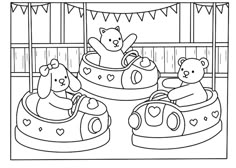 two teddy bears ride on bumper boats in the park coloring page for children and adults