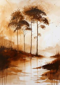 an abstract painting of trees and water