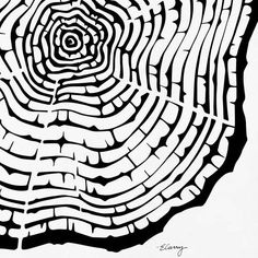 a black and white drawing of a tree trunk with the center section cut out to look like a log