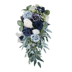 a bridal bouquet with blue and white flowers