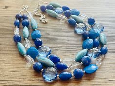 "💞Two of a kind & ready to ship💞  Gorgeous color combination! Lots of neutrals with shades of blue. 16\" at shortest strand plus a 4\" extender chain.  Thank you for supporting American small business! *Smoke and pet free home!* I ship 6 days a week!   Thank you for browsing my store! Check out my other jewelry and jewelry storage: https://www.etsy.com/shop/PolkaDotDrawer?ref=l2-shop-info-name" Royal Blue Necklace, Winter Necklace, Two Of A Kind, Party Necklace, Chunky Beads, Necklace Blue, Jewelry Storage, Blue Necklace, Jewelry Diy