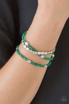 Paparazzi Accessories- Hello Beautiful - Green  Stretch Bracelets Item #P9WH-GRXX-136XX   Infused with hints of silver, dainty green crystal-like beads are threaded along stretchy bands, creating whimsical layers across the wrist.   Sold as one set of three bracelets.   Ordered 12/10/2019. Squirrel Jewelry, Waist Beads African, Bracelets Handmade Diy, Fun Bracelet, Jewelry Making Necklace, Paparazzi Accessories, Handmade Jewelry Diy, Stretchy Bracelets, Hello Beautiful