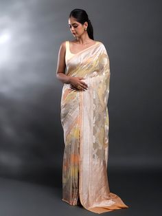 Peach Yellow Rangkat Khaddi Georgette Handloom Banarasi Saree Lehenga