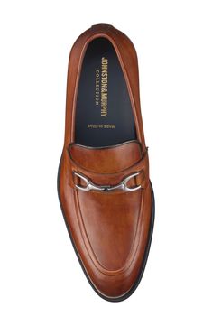 Hand-stained calfskin adds classic refinement to this apron-toe loafer finished with a glossy bit ornament and durable rubber sole. Water-resistant Removable, cushioned insole with arch support Leather upper and lining/rubber sole Made in Italy Formal Bridle Leather Moc Toe Loafers, Bridle Leather Plain Toe Loafers For Work, Bridle Leather Slip-on Dress Shoes For Work, Elegant Bridle Leather Plain Toe Loafers, Bridle Leather Moc Toe Dress Shoes For Work, Moc Toe Bridle Leather Dress Shoes For Work, Italy Fits, Sole Water, Furnace Repair