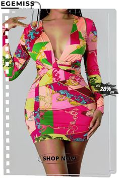 Rose Red Sexy Print Patchwork V Neck Pencil Skirt Dresses Multicolor V-neck Bodycon Dress, Multicolor V-neck Bodycon Dress For Night Out, Trendy Pink Bodycon Dress For Night Out, Pink Bodycon Mini Dress For Going Out, Flirty Pink Bodycon Dress For Going Out, Trendy Multicolor Bodycon Party Dress, Chic Multicolor Bodycon Mini Dress, Trendy Multicolor Bodycon Dress For Party, Chic Multicolor V-neck Bodycon Dress