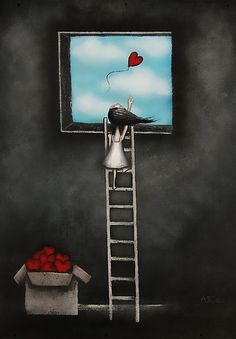 a painting of a person standing on a ladder reaching up to a tv with a heart shaped balloon in it