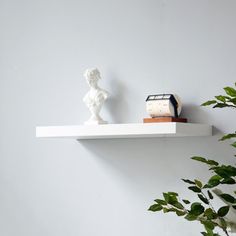 a white shelf with two books and a clock on it next to a potted plant