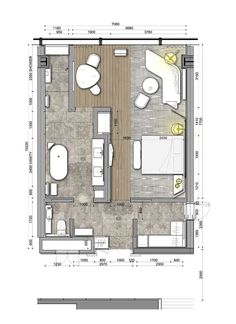 a drawing of a living room and bedroom with furniture in the floor plan, which is divided into two sections