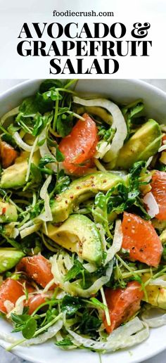 avocado and grapefruit salad in a white bowl with the title above it