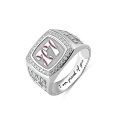 a baseball ring with the words i love you and diamonds on it, in white gold