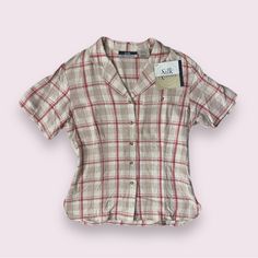 New With Tags! Vintage Silk Exchange 100% Silk Tan And Red Plaid Short Sleeve Button Down Shirt. Size M. Red Top With Button Closure And Camp Collar, Red Camp Collar Top With Button Closure, Scarecrow Halloween, White Long Sleeves, Purple Crop Top, Black Seamless, New England Style, England Style, Boho Shirts