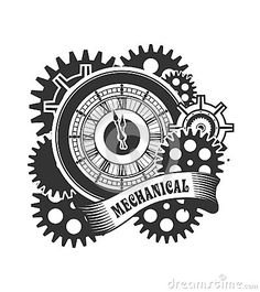 the mechanical clock logo is shown in black and white