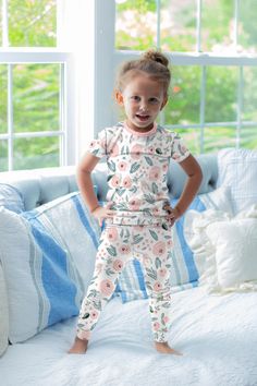 FINAL SALE Add fun and colorful prints to her nightwear collection with this pretty pajama set. Includes top and bottoms Comfortable elasticated waistband Headband sold separately Pull on 95% Cotton/5% Spandex Machine washable with like colors, tumble dry low Keep away from fire Click Shop by Print for matching pieces For child's safety, garment should fit snugly. This garment is not flame resistant. Loose fitting garment is more likely to catch fire. Ivy Girl, Girls Pajama, Big Sister Gifts, Matching Pjs, Cozy Pajamas, Floral Pajamas, Girls Sleepwear, Monogram Styles, Be Mine