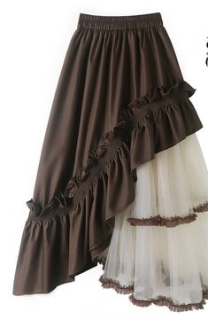 F00224310-200 Brown Asymmetrical Maxi Skirt For Spring, Asymmetrical Fitted Brown Skirt, Chic Brown Asymmetrical Bottoms, Brown Asymmetrical Hem Skirt For Fall, Brown Ruffled Skirt For Spring, Fall Brown Skirt With Asymmetrical Hem, Spring Brown Skirt With Ruffles, Spring Brown Ruffled Skirt, Brown Ruffled Long Skirt