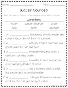 water sources worksheet for students to help with reading and writing their own words