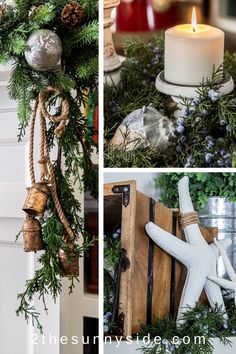 christmas decorations and candles are displayed on the mantle in this photo collage, along with a starfish ornament