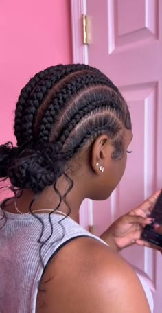 Cornrow Buns With Curls, Cornrow Bun With Curls, French Braids 4c Hair, Corn Row Bun, Two Braids Into Bun, 2 French Braids Black Women, Corn Rows Into Bun, All Back Hairstyle, Single Braids Hairstyles