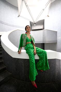 Green Jamewar fit and flare pant paired with jamewar bustier and green raw silk jacket with glassbead embellishment.From Chamee and Palak's Anam Cara collection. DELIVERY TIMEPlease allow 8-12 weeks for your outfit to arrive. FABRIC DETAILSJamewar and Raw Silk Steam Iron & Dry Clean. Indian Wedding Wear, Vacuum Storage, Organza Dupatta, Silk Jacket, Green Pants, Wedding Guests, Bride Bridal, Intricate Patterns, Indian Design