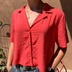 Bright Red Cropped Shirt. So Cute And Comfortable For Casual Wear. Flowy Fabric. Great With Jeans Or A Skirt. Never Worn. Too Big For Me. -In Excellent Condition -From A Smoke Free House -Ready To Wear- Just Washed And Ironed -Make Me An Offer! Vacation Collared Rayon Tops, Collared Rayon Tops For Vacation, Vacation Rayon Collared Tops, Red Collared Shirt For Summer, Red Collared Top For Summer, Red V-neck Shirt For Vacation, Vacation Red V-neck Shirt, Red Vacation Shirt For Spring, Red Button-up Blouse For Vacation