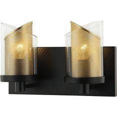 two candles are lit on the wall in this modern bathroom light fixture that is black and gold