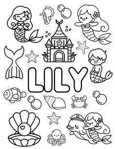 the word lilly surrounded by different cartoon animals and other things that are outlined in black on a white background