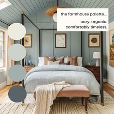 a bedroom with blue walls and white bedding in the center is an image of a canopy bed