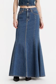 Levi's Mermaid Skirt Enchantment Blue Fitted Flare Skirt, Fitted Flare Blue Skirt, Mermaid Denim Skirt, Lined Flare Skirt, Lined Fitted Flared Denim Skirt, Denim Skirt Maxi, Mermaid Skirts, Church Fits, Trumpet Skirt