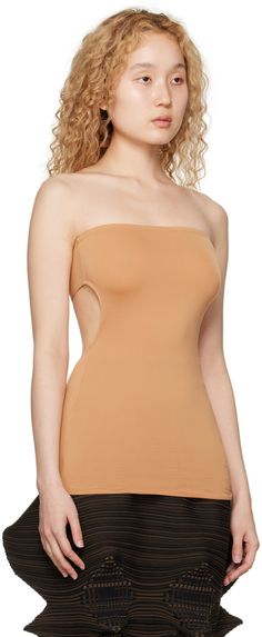 Stretch polyester jersey camisole. · Straight neck · Cutout at back Supplier color: Beige Chic Strapless Stretch Camisole, Fitted Seamless Camisole Tube Top, Fitted Seamless Cami Tube Top, Stretch Bandeau Camisole, Sleeveless Beige Tube Top With Built-in Bra, Backless Camisole With Built-in Bra, Beige Sleeveless Tube Top With Built-in Bra, Summer Seamless Shapewear Tops, Stretch Sleeveless Tube Top With Seamless Construction