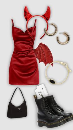 a red dress and accessories are laid out on a white surface, including black boots