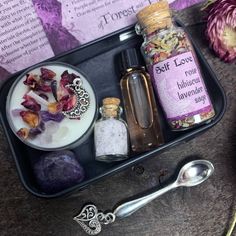 Bring the magic to your home with this Self-love miniature altar kit! This all-in-one package includes Amethyst, a candle, herbs, salt, Florida water, and a small spoon to help make your practice complete. A perfect gift for anyone looking to bring a little bit of mystery and power into their lives! Our travel altars contain everything you need to set up an altar wherever you are. Their contents can be used in conjunction with most types of ritual or spellwork, or however you see fit. Each kit c Garden Sage, Travel Altar, Amethyst Candle, Florida Water, Lavender Garden, Lavender Sage, Love Travel, Spiritual Wisdom, Crystal Charm