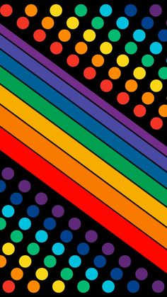 multicolored polka dot pattern on black background with rainbow stripes and dots in the center