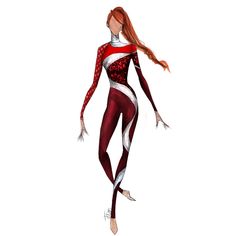 a drawing of a woman in red and white bodysuit with her hair pulled back