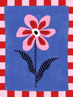 a pink flower on a blue background with red and white stripes