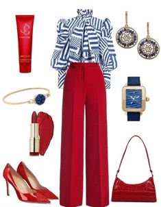 Classy Business Outfits Chic, What To Wear With Red Shoes, Red Elegant Outfit, How To Style Red Pants, Outfits With Red Pants, Red Blue Outfit, Blue And Red Outfit, Red And Blue Outfit, Red Pants Outfit