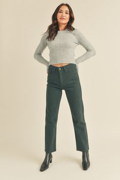 HIGH RISE CUT OFF CLEAN STRAIGHT LEG JEANS WITH RAW CUT HEM IN A DARK EMERALD WASH 11" RISE, 28" INSEAM, 7.25" OPENING 96% COTTON, 3% ELASTERELL, 1% SPANDEX Get Directions, High Rise Denim, Contemporary Fashion, Cut Off, Straight Leg Jeans, Leg Jeans, Emerald, Straight Leg, High Rise