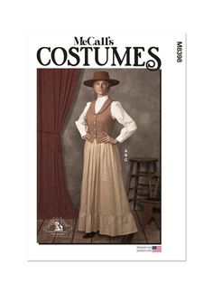 McCall's M8398 | Misses' Costumes | Front of Envelope Western Sewing Patterns, Western Vest Pattern, Riding Skirt Pattern, Western Costume Women, Waistcoat Pattern, Girls Cape, Western Skirts, Sewing Templates, Western Costumes