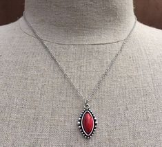 "Simple, chic and versatile! Here is a red stone necklace that is set in a perfectly detailed silver frame. The perfect everyday necklace! Made from allergy free plated silver. The pendant measures 1\" long by 1/2\" wide. It hangs from a shiny strong 18\" stainless steel necklace chain with a lobster clasp. I have matching earrings in my shop if you would like the whole set. Here is the link https://etsy.me/2R5NsWx I have this same style pendant necklace available in other color ways as well! He Red Southwestern Style Jewelry Gift, Southwestern Style Red Jewelry For Gift, Southwestern Style Red Jewelry For Gifts, Red Southwestern Turquoise Necklace For Gift, Red Southwestern Sterling Silver Necklace, Southwestern Style Red Necklace For Gift, Red Stone Necklace, Silver Ball Necklace, Southwestern Necklace