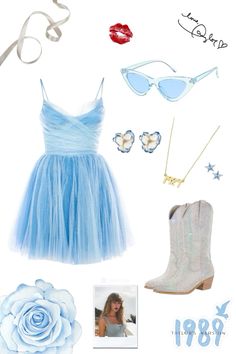 a blue dress and accessories are arranged in the shape of a flower, sunglasses, and lipstick