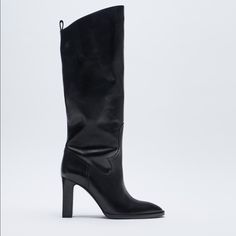 Nwt. Zara Heeled Leather Boots. Heeled Leather Boots With High Shaft In Black. Leather Upper. Wide Heels. Back Pull Tab. Shaft Is Higher At The Front. Heel Height: 3.5 Inches (9 Cm). Size 6. Ref 1015/610. 4 Chic Knee-high Square Toe Boots With Leather Lining, Leather Pointed Toe Heeled Boots For Office, Winter Leather Heels With Pointed Toe, Workwear Heeled Boots With Padded Heel, Workwear High Heel Boots With Padded Heel, Medium Width High Heeled Boots For Office, High Heeled Boots With Sculpted Heel For Work, Classic Faux Leather Heeled Boots For Work, Sculpted Heel Boots For Workwear