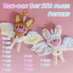 two stuffed animals are on a pink background with words below them that read, bon - bon battih flush pattern