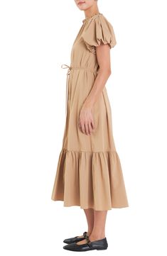 A slender tie belt cinches the waist of this flowy midi dress framed by dramatic puffed sleeves and cast in an earthy neutral shade. Back keyhole with button-and-loop closure Jewel neck Short sleeves Removable tie belt Lined 97% polyester, 3% spandex Hand wash, dry flat Imported Spring Brown Midi Dress With Tie Waist, Brown Tie Waist Midi Dress For Spring, Brown Midi Dress With Tie Waist For Spring, Chic Beige Puff Sleeve Dress For Fall, Brown Midi Dress With Tie Waist, Chic Beige Puff Sleeve Dress For Brunch, Chic Brown Puff Sleeve Dress, Beige Midi Length Puff Sleeve Dress For Brunch, Beige Midi Puff Sleeve Dress For Brunch