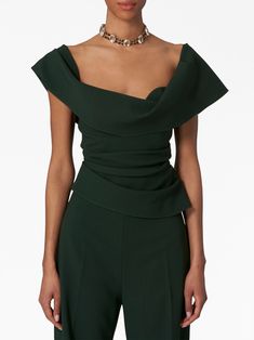 Carolina Herrera | off-shoulder Draped Corset Top | Green | FARFETCH Draped Corset Top, Corset Top Green, Formal Smart Casual, Draped Corset, Grad Outfits, High Waisted Wide Leg Pants, Kochi, Wide Waistband, Carolina Herrera