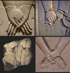 four different images of hands and feet in ancient egyptian style carvings, including one holding the hand of an infant