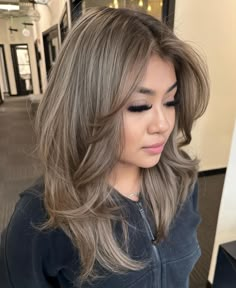 Ash Honey Balayage, Ash Partial Highlights, Brunette Lowlights With Money Piece, Ash Hair With Money Piece, Cool Tone Light Brown Hair Ash Blonde, Medium Length Haircut With Balayage, Light Brown Ash Balayage, Soft Ash Blonde Balayage