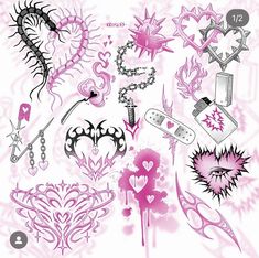 an assortment of tattoo designs on a white background with pink and black inkings