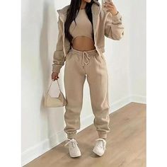 Gender:Women's; What's in the box:Sweatsuit; Types:Sweatpants,Sweatshirt,Vest,Hoodie; Style:Streetwear,Casual; Occasion:Casual Daily,Street; Material:100% Polyester; Age Group:Adults'; Pattern:Plain; Design:Graphic; Sleeve Type:Bishop Sleeve; Listing Date:11/20/2023; Production mode:External procurement; Clothing Length:; Bust:; Hip:; Pants Length:; Sleeve Length:; Waist:; Print Type:Hot Stamping Chaleco Casual, Jogger Pants Outfit, Instagram Baddie, Burgundy Fashion, Solid Tank Tops, Set Outfits, Two Piece Pants Set, Khaki Fashion, Sweatpants Set