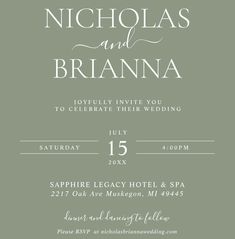 an elegant wedding card with the words nicholas and branna on it in white ink